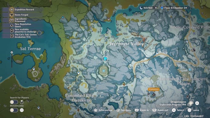 map view of the final shard location for the in the mountains side quest on dragonspine mountain