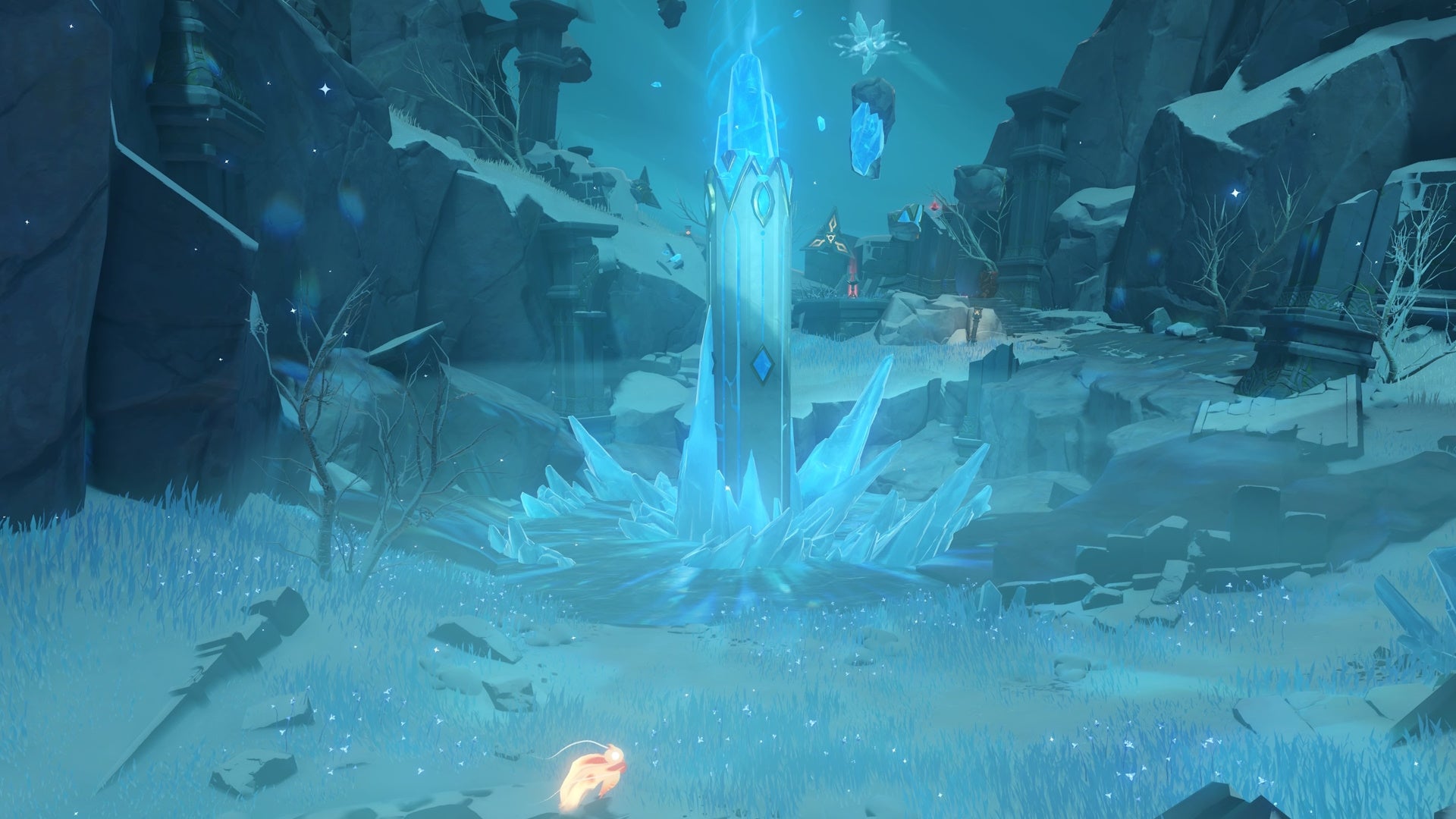 a shard floating in the middle of dragonspine&rsquo;s summit with a fire seelie far below it