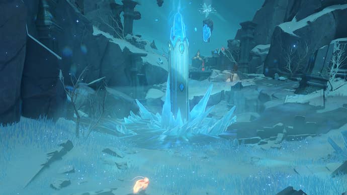 a shard floating in the middle of dragonspine’s summit with a fire seelie far below it
