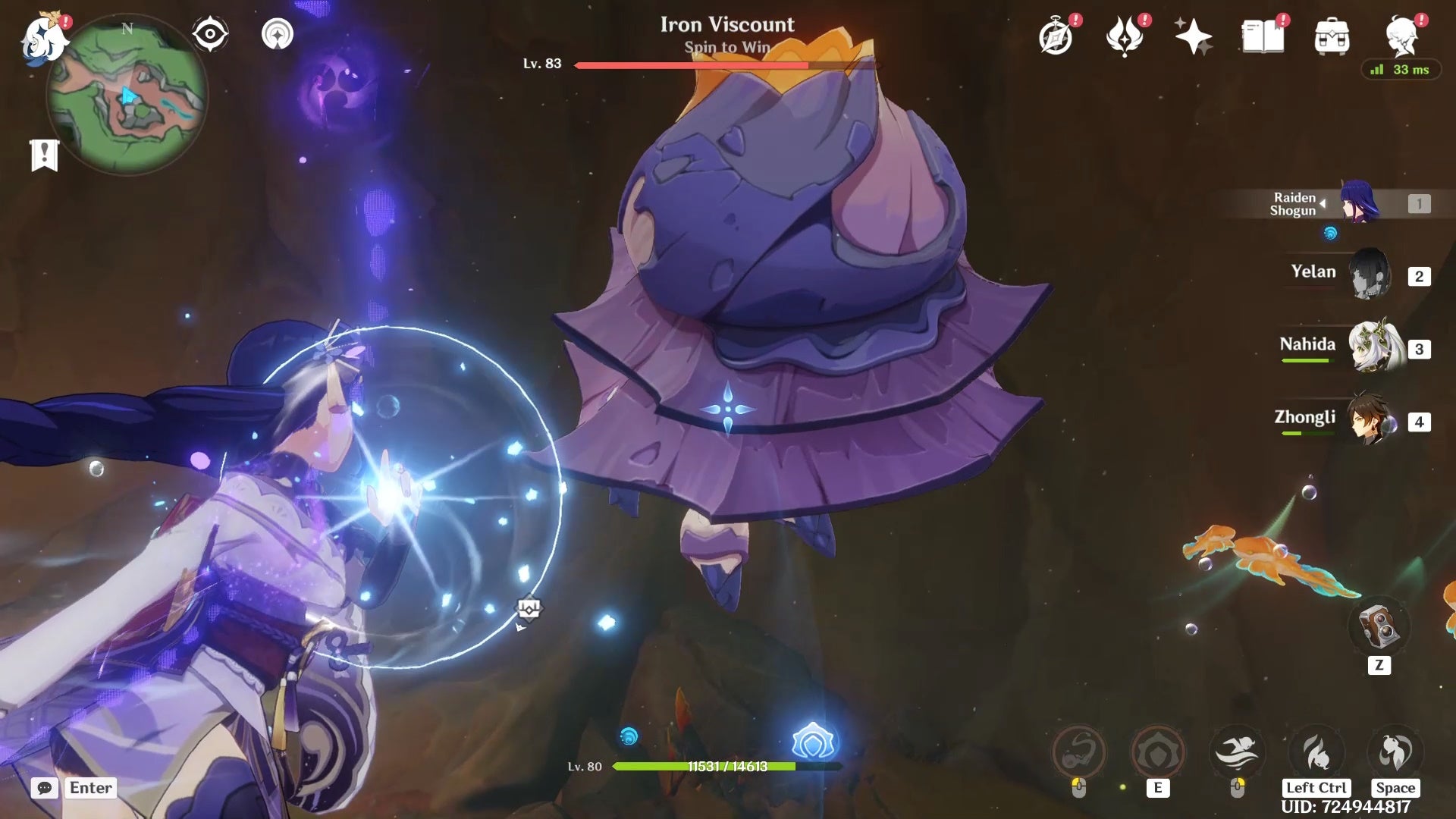 Raiden Shogun underwater charging a blue orb and looking at a giant purple crab.