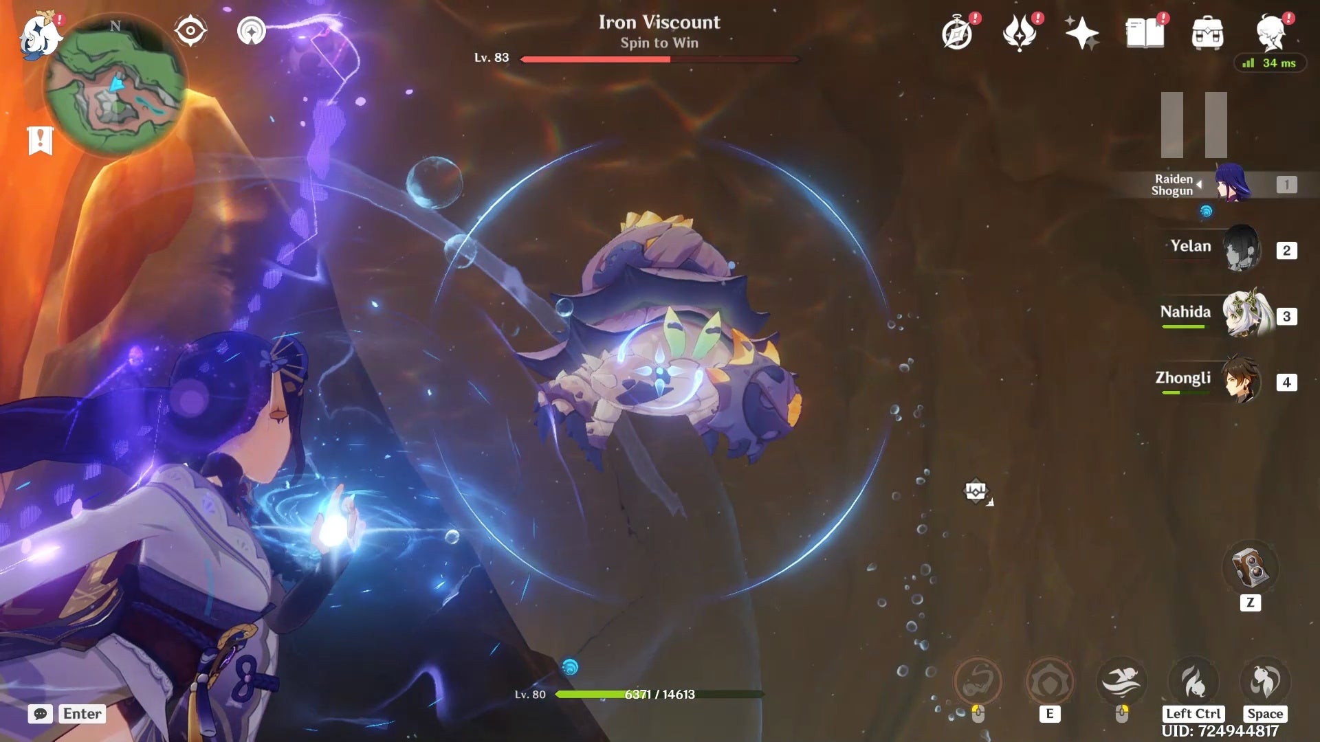 Raiden Shogun underwater looking at a giant purple crab in the distance with a blue circle around it.