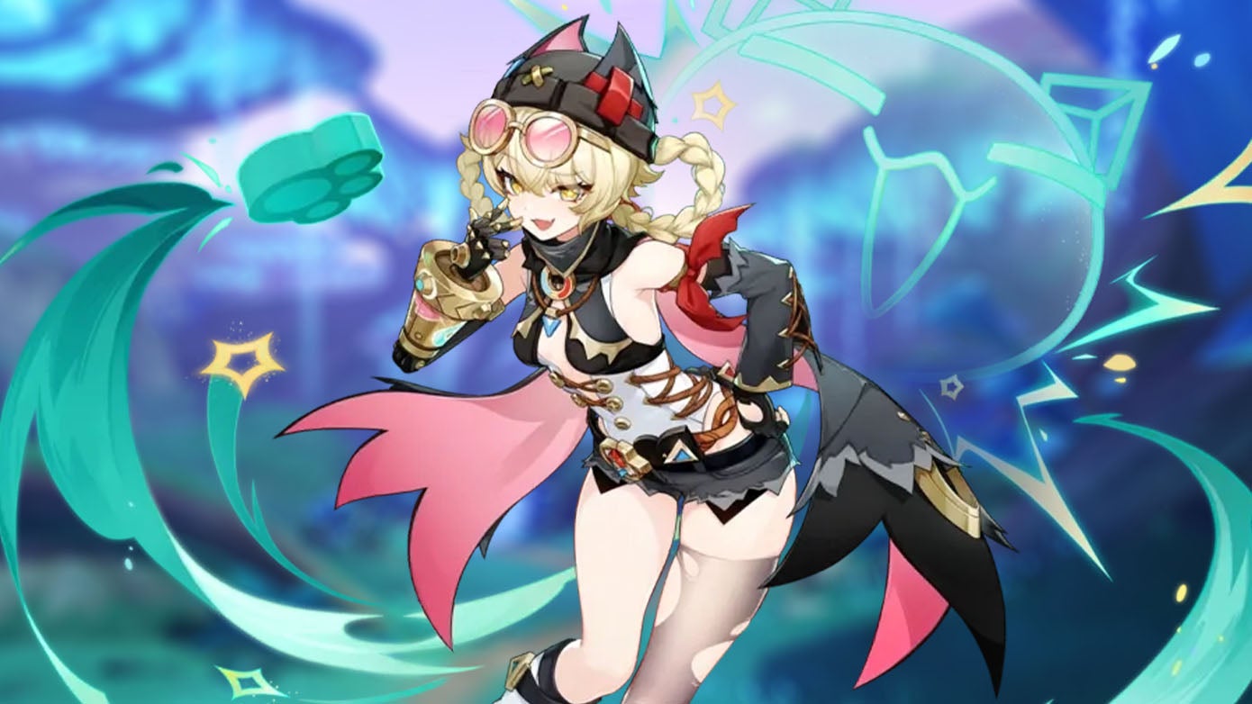 The official art for Jahoda in Genshin Impact on a background from the game.