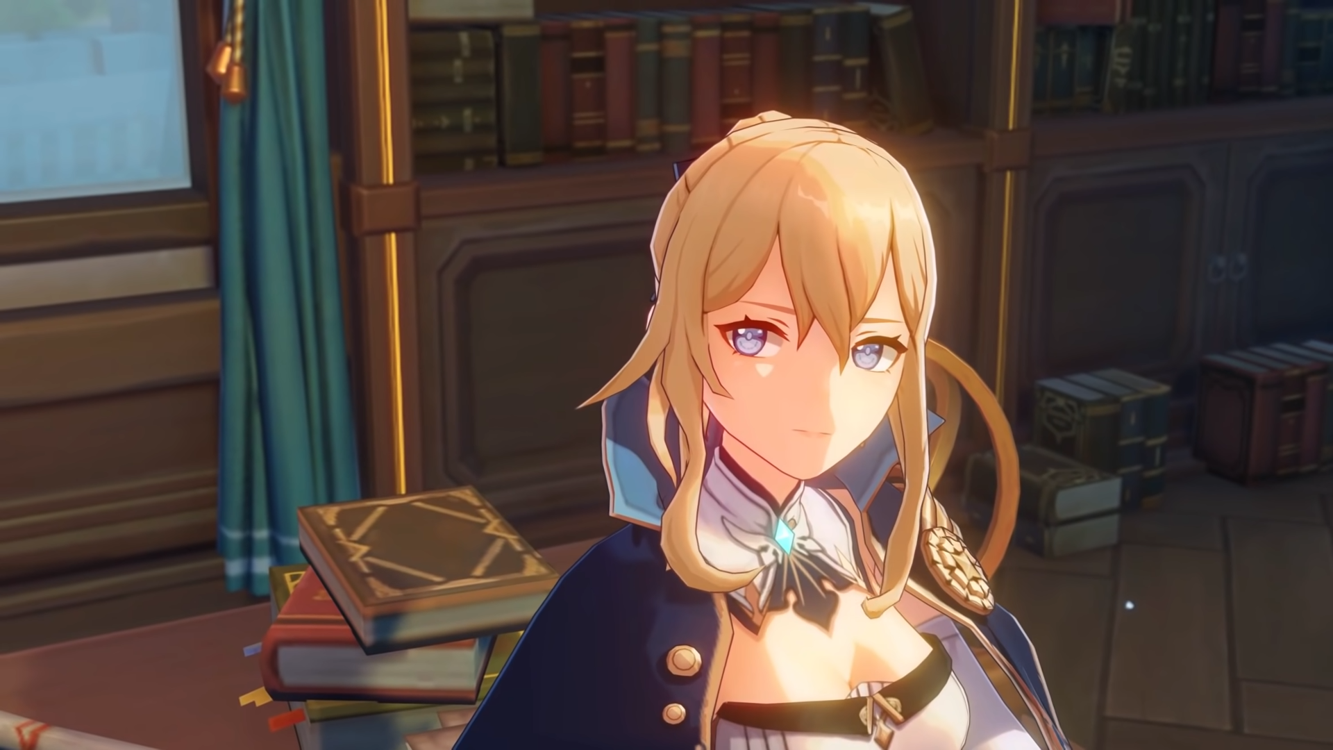 Jean in her office looking up to the left as part of her character trailer in Genshin Impact.