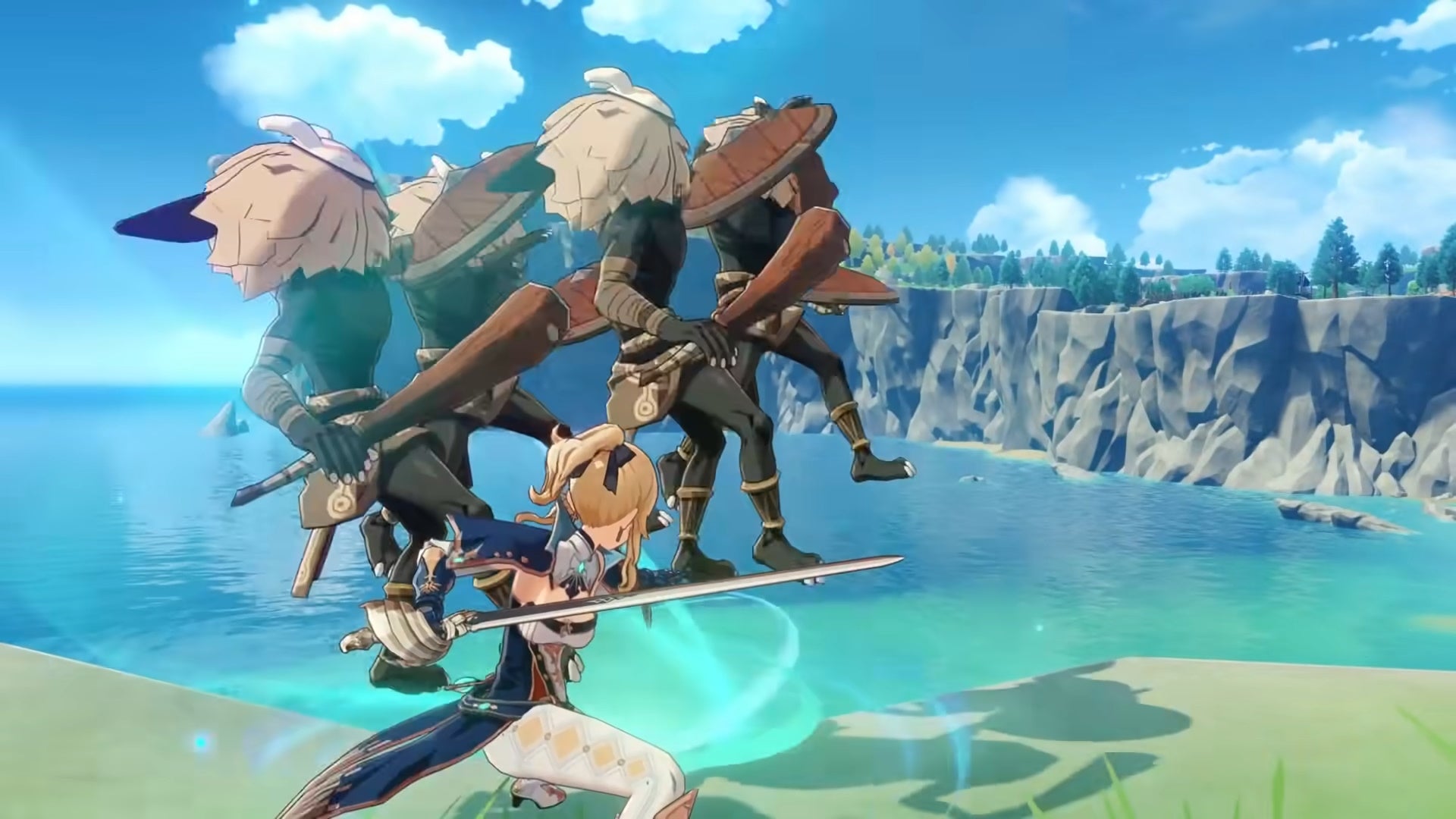 Jean using her Elemental Skill to group Hilichurl enemies and suspend them above a cliff in Genshin Impact.