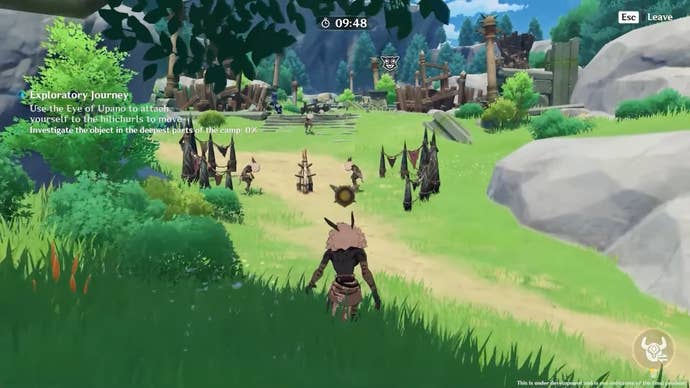 Taking control of a Hilichurl in a camp in Journey Through Hillinigmatic Terrain event.