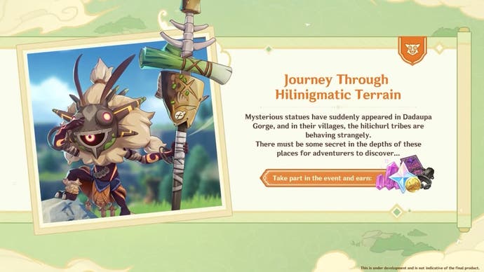 Artwork of a special Hilichurl and description for the Journey Through Hillinigmatic Terrain event.