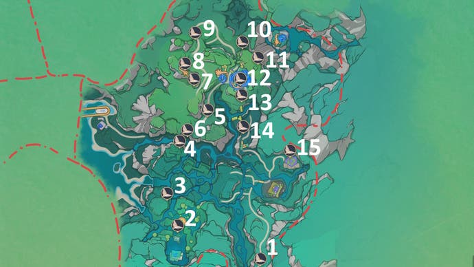 Numbered icons on the Simulanka Forest of Blessings map in Genshin Impact indicating where to find Jubilant Feathers.