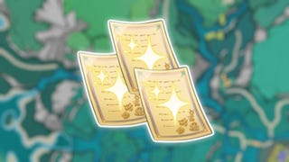 Jubilant Feather icons in Genshin Impact on a blurred map of Simulanka.