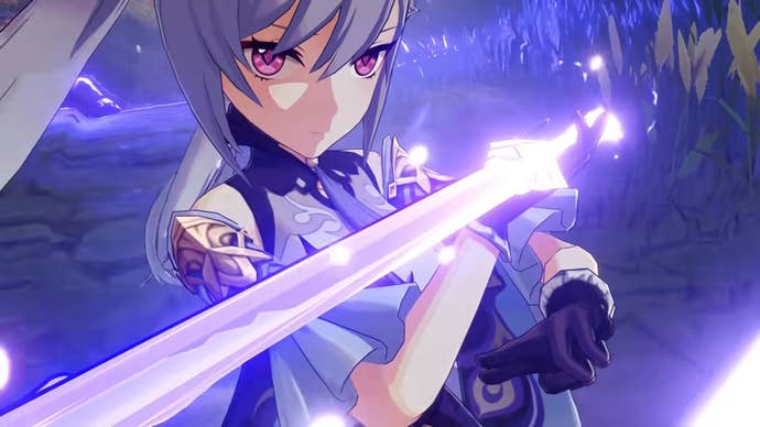 Keqing holding a sword that is glowing purple in Genshin Impact.