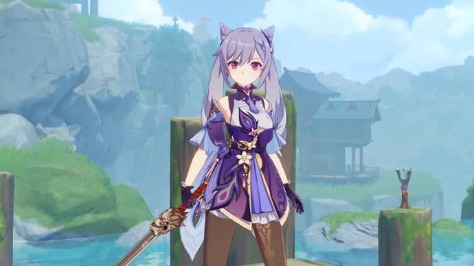 Keqing holding a sword in Genshin Impact.