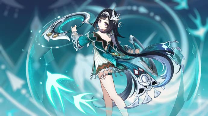 Lan Yan’s splash art on a blurred background of Lan Yan’s namecard from Genshin Impact.