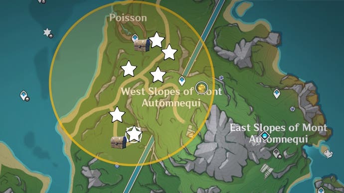 cropped map view of west slopes of mont automnequi fontaine area with stars and chests marking lost riches treasure locations