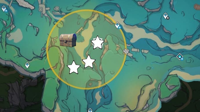 cropped underwater map view of Salacia Plain fontaine area with stars and chests marking lost riches treasure locations