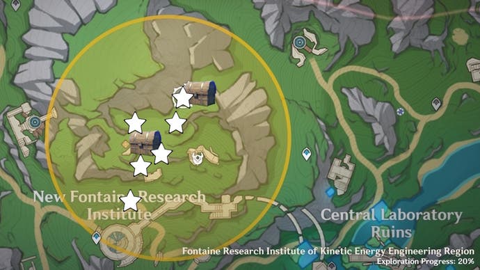 cropped map view of new fontaine research institute fontaine area with stars and chests marking lost riches treasure locations