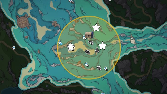 cropped map view of underwater liffey fontaine area with stars and chests marking lost riches treasure locations
