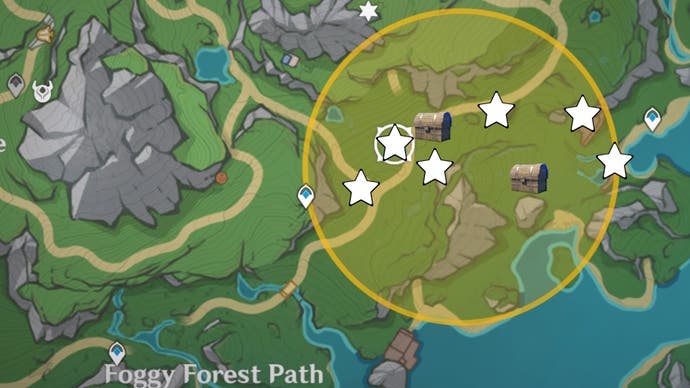 cropped map view of errinyues forest area in fontaine with stars and chest marking energy particle and dig site locations