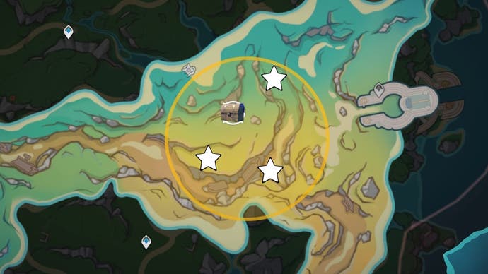 cropped map view of underwater errineyes forest treasure area with energy orbs and dig sites marked with stars and chests