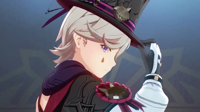 Close up of Lyney tipping his top hat.