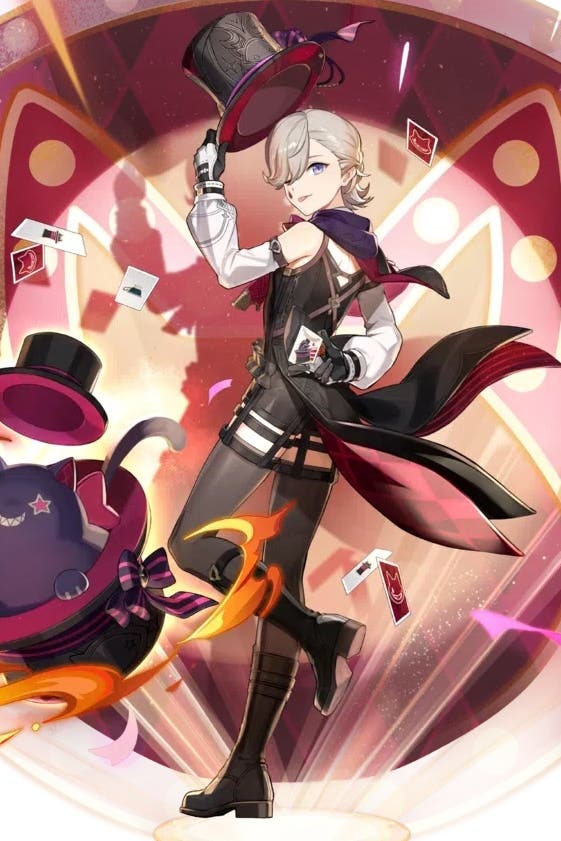 Splash art of Lyney, a blonde haired young man dressed in a magician's outfit with a cat in a top hat beside him.