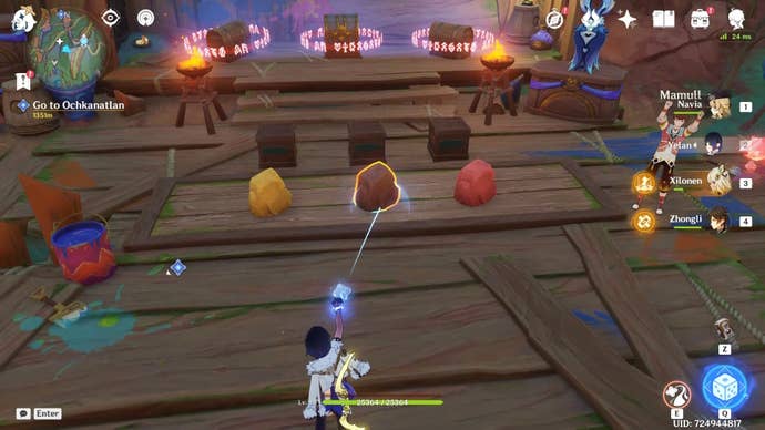 Yelan using a Hued Monetoo to colour a stone in Genshin Impact.