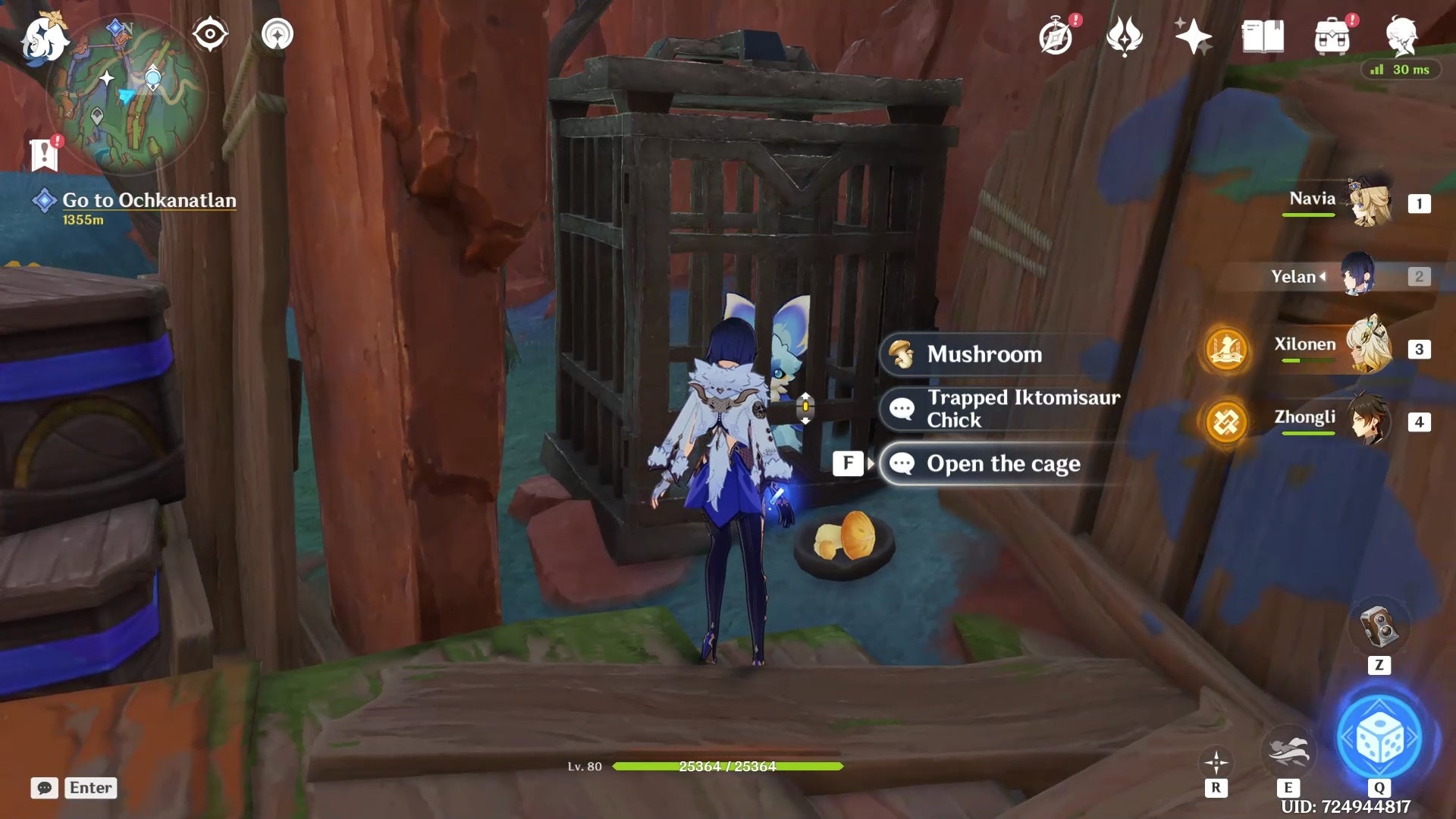 Yelan looking at a child Iktomisaur inside a cage in Genshin Impact.