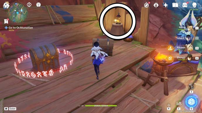 A white circle showing the location of the key to open the cage and free a child Iktomisaur in Genshin Impact.