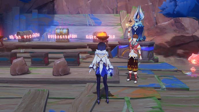 Yelan standing in front of Mamull and the Painted Stone Challenge in Genshin Impact.