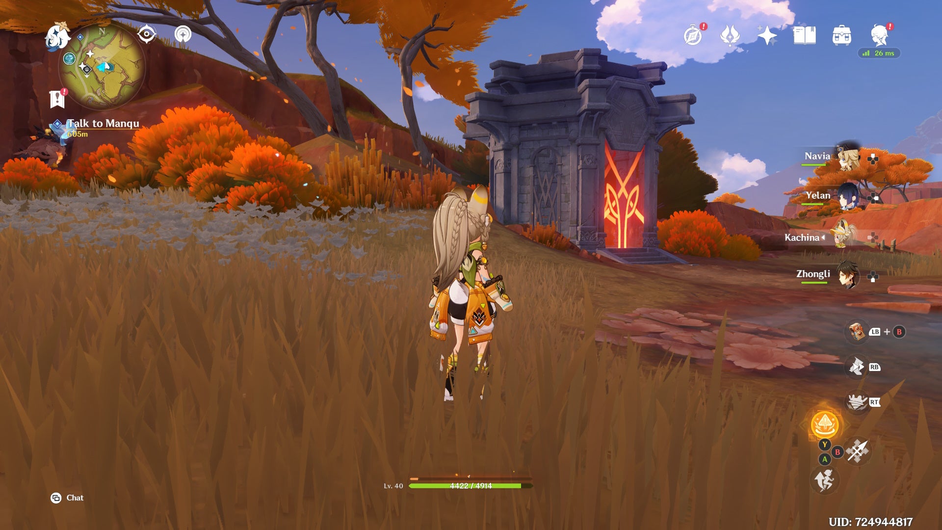 Kachina looking at a Natlan Shrine of Depth in Genshin Impact.