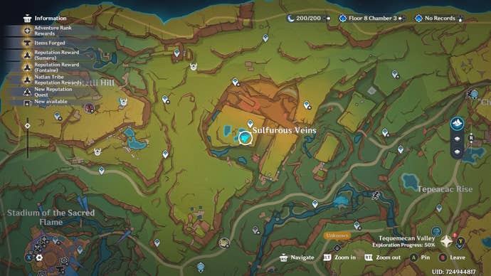 Map of Natlan in Genshin Impact showing a Shrine of Depth location.