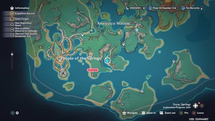 Map of Natlan in Genshin Impact showing a Shrine of Depth location.