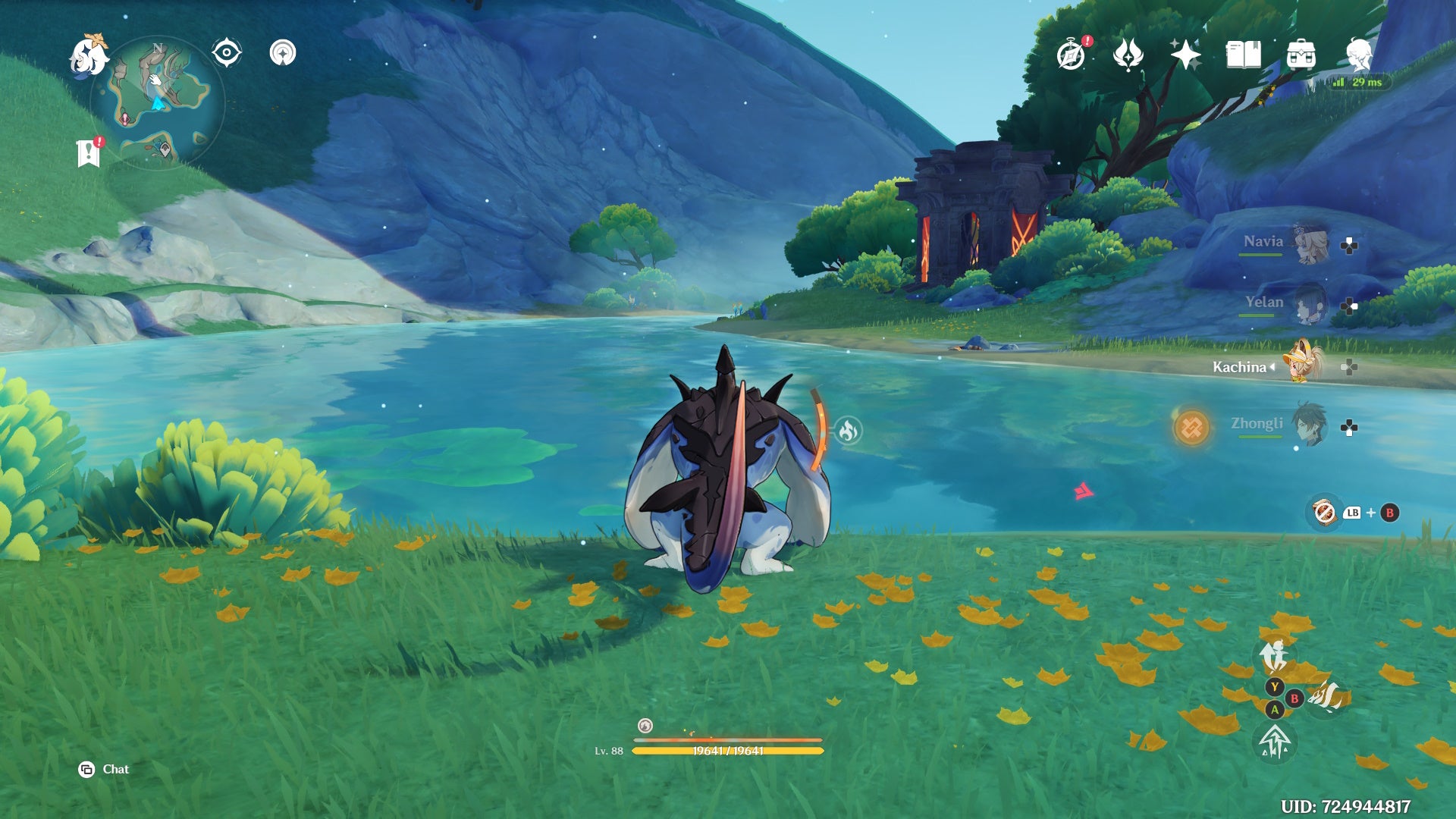 A Saurian looking at a Natlan Shrine of Depth by the water in Genshin Impact.