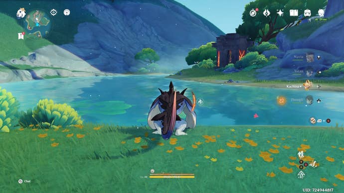 A Saurian looking at a Natlan Shrine of Depth by the water in Genshin Impact.