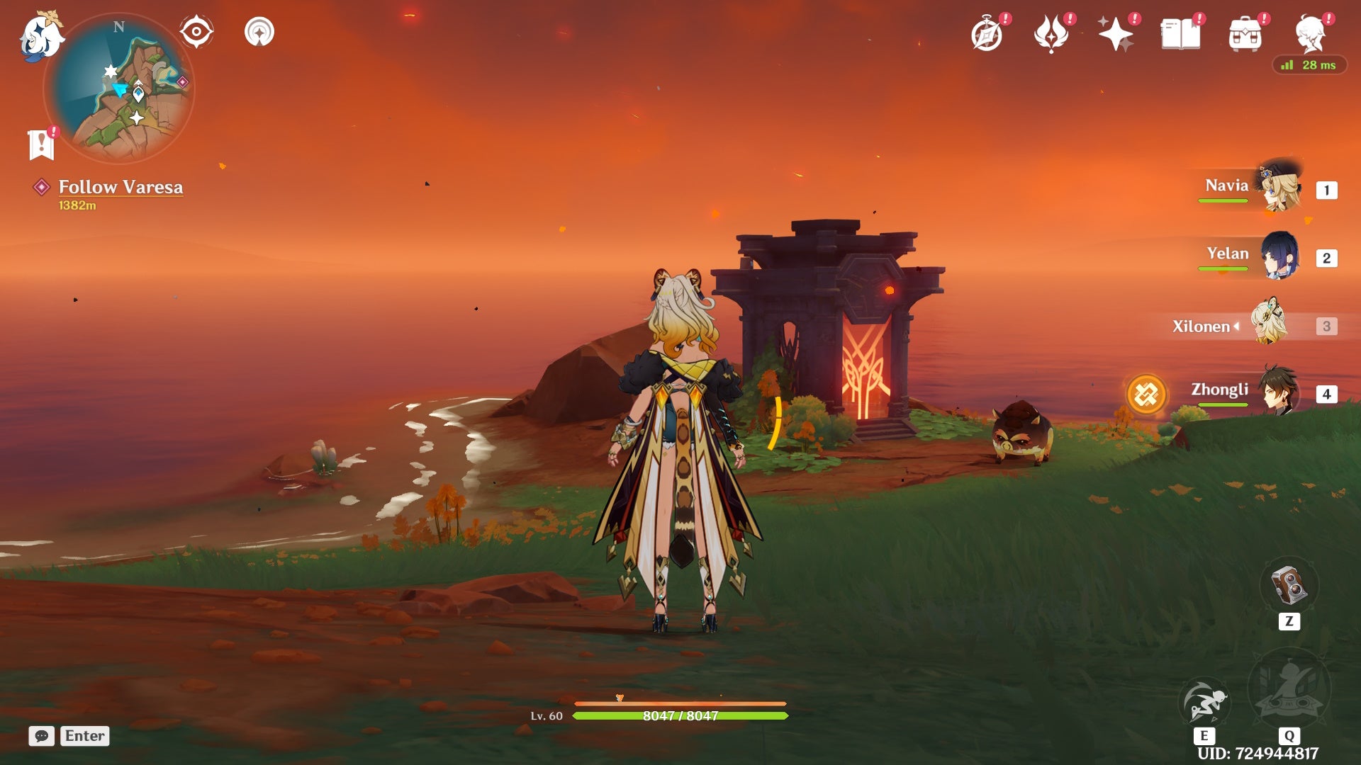 Xilonen looking at a Natlan Shrine of Depth at dusk in Genshin Impact.