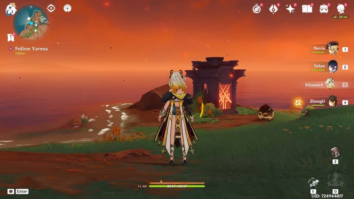 Xilonen looking at a Natlan Shrine of Depth at dusk in Genshin Impact.