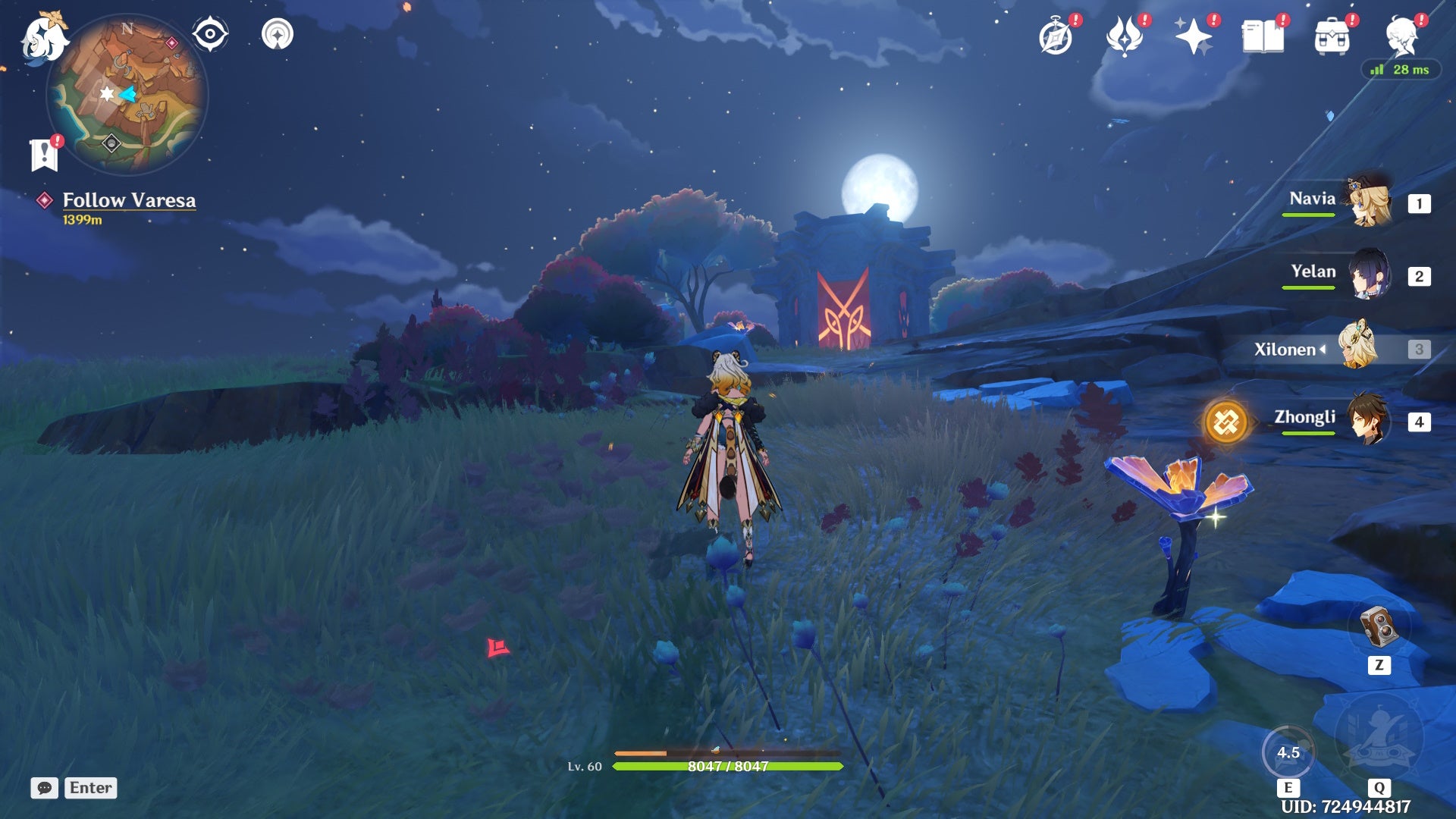 Xilonen looking at a Natlan Shrine of Depth at night in Genshin Impact.