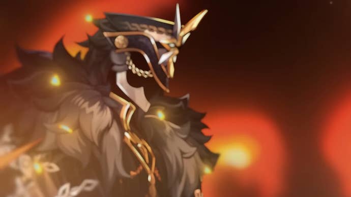 Il Capitano Fatui Harbinger surrounded by flames in Genshin Impact.