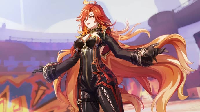 Mavuika inside Natlan’s tournament colleseum during the Natlan character teaser for Genshin Impact.