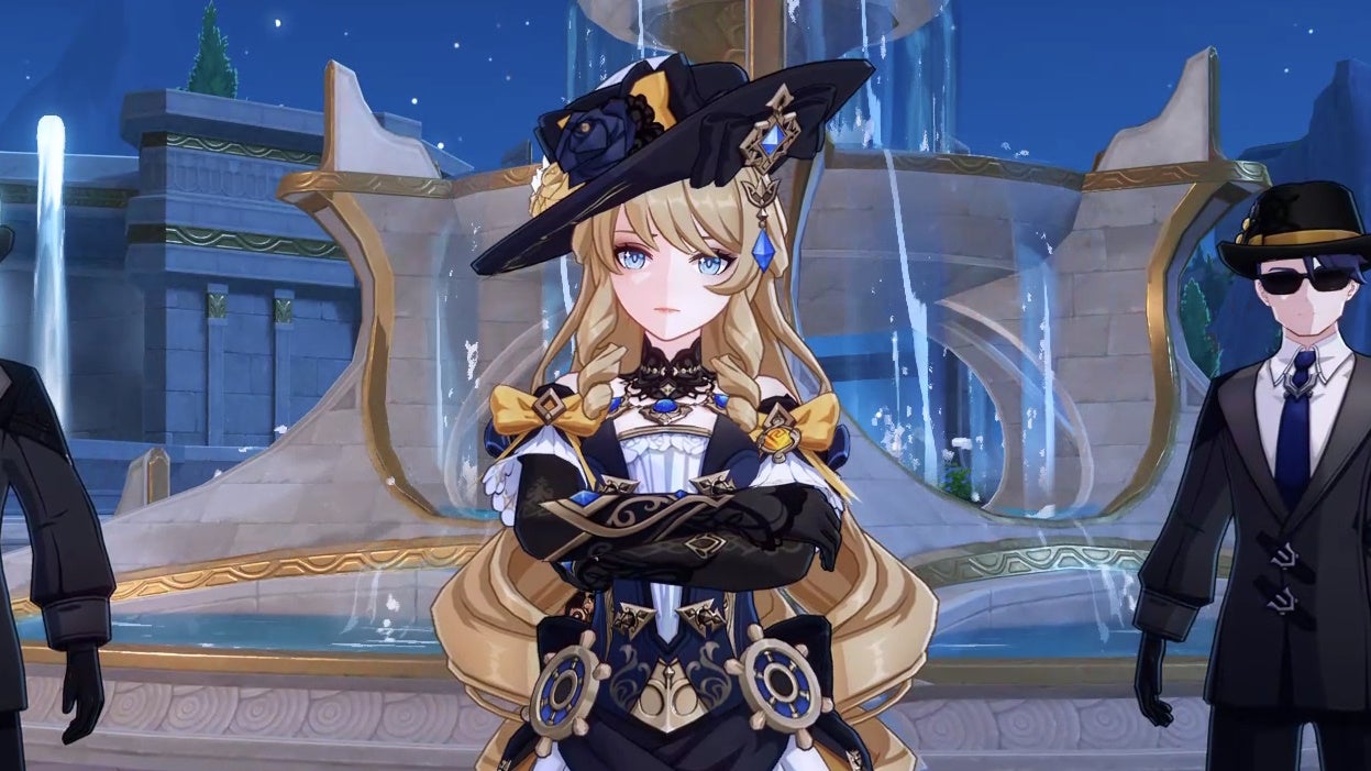 Navia standing with arms crossed and her bodyguards to her left and right.