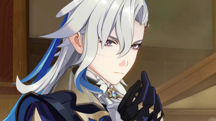 Neuvillette with a small cut on his cheek and his hand raised.