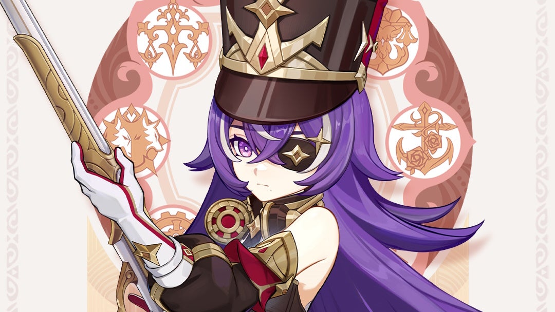 drip marketing of chevreuse character posing on a white background with a red circle behind her. Chevreuse is a long purple haired woman wearing a tall soldier hat and an eye patch and weirding an old fashioned rifle