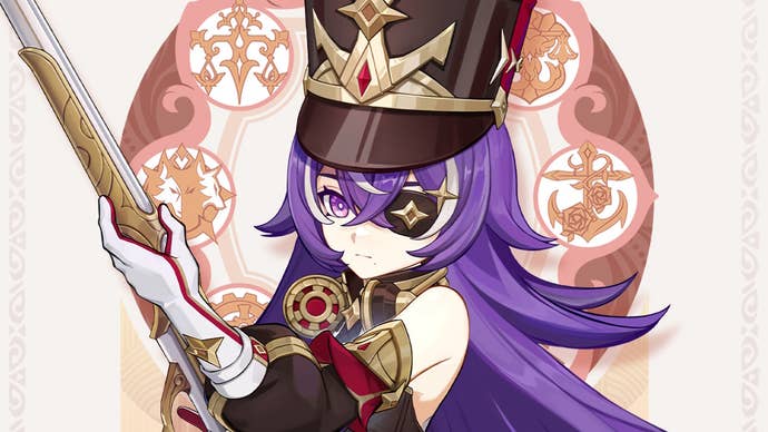 drip marketing of chevreuse character posing on a white background with a red circle behind her. Chevreuse is a long purple haired woman wearing a tall soldier hat and an eye patch and weirding an old fashioned rifle