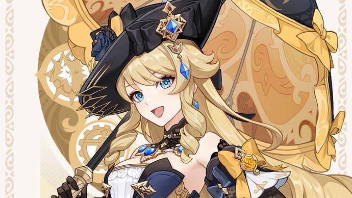 drip marketing of the character Navia posing on a white background with a yellow circle behind her. Navia is a woman with long, blonde hair wearing a fancy black hat and holding an open black and yellow umbrella over her shoulder