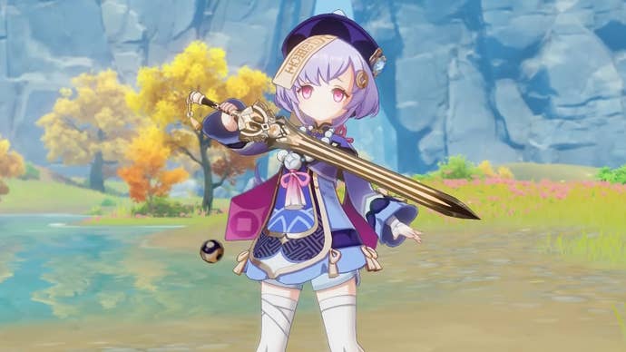 Qiqi holding a sword in Genshin Impact.