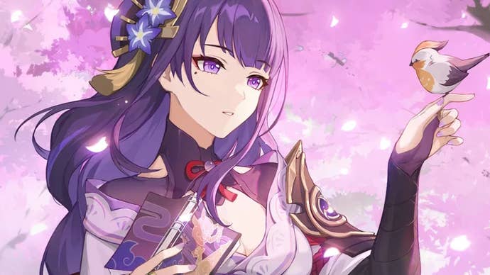 Raiden Shogun from Genshin Impact standing in front of a cherry blossom tree with a small bird perched on her finger.