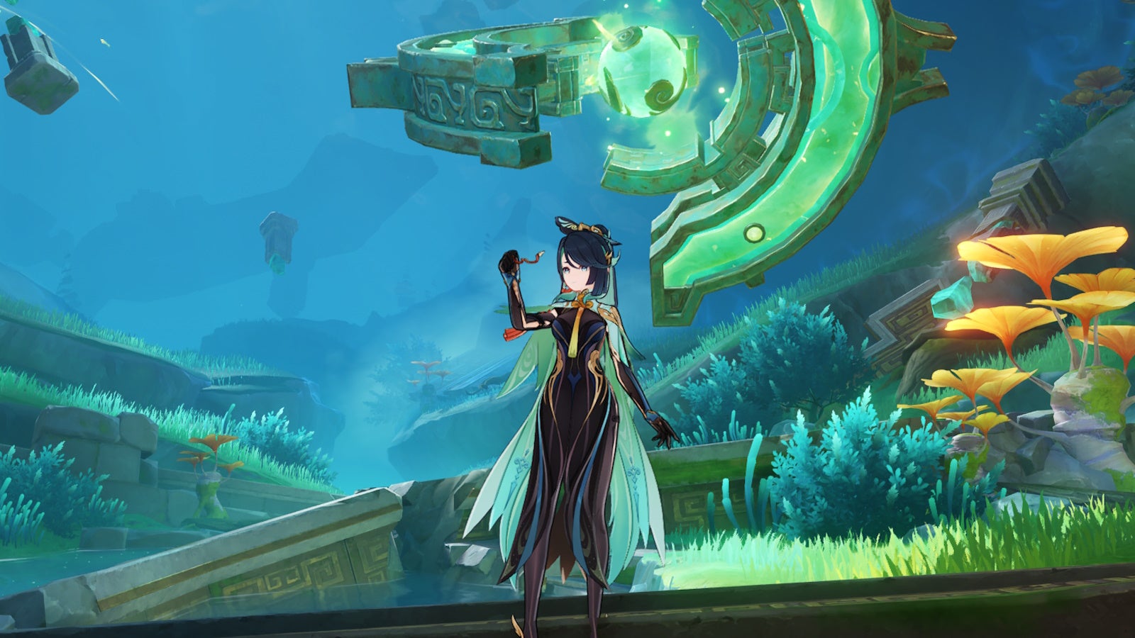 Xianyun looking at her glasses in front of the Rainjade Oblation in Genshin Impact.