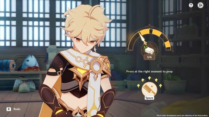 Aether cutting something while cooking for the Receiver of Friends From Afar event.