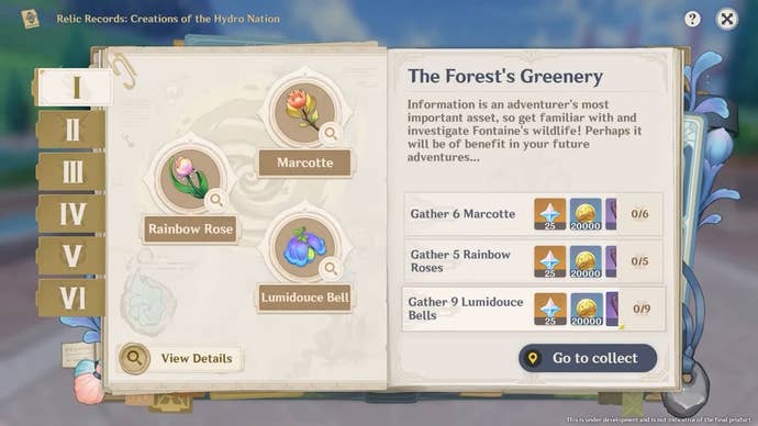 Menu showing rewards like promogems and mora for finding different materials.