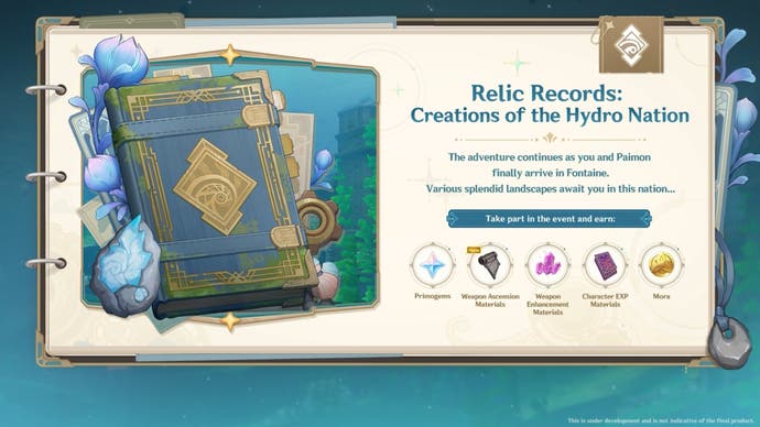 Artwork of a blue and gold book with text and images to its right detailing the rewards for the relic records event.