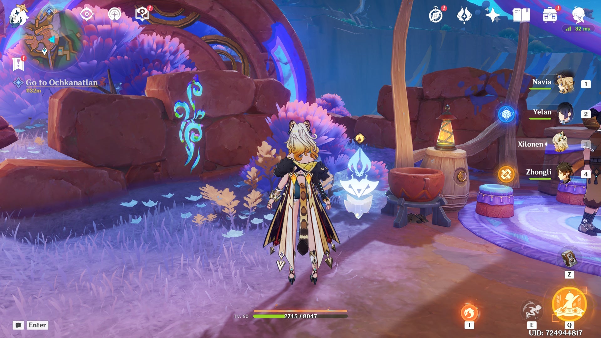 Xilonen looking at the object to indwell an Iktomisaur in Genshin Impact.