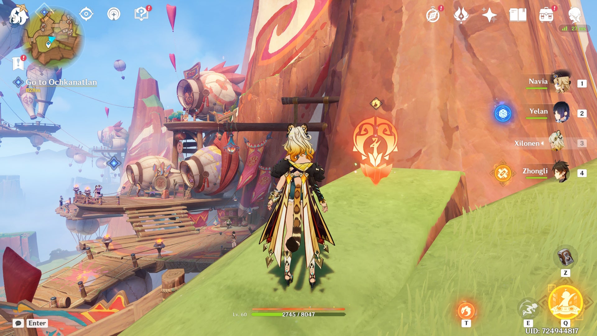 Xilonen looking at the object to indwell a Qucusaur in Genshin Impact.